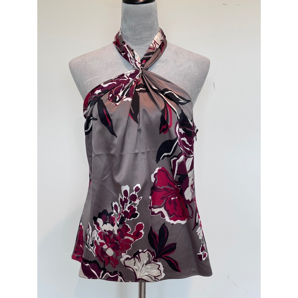 Ann Taylor Floral Satin Halter Blouse Grey Burgundy Size 12 NWT 88305486